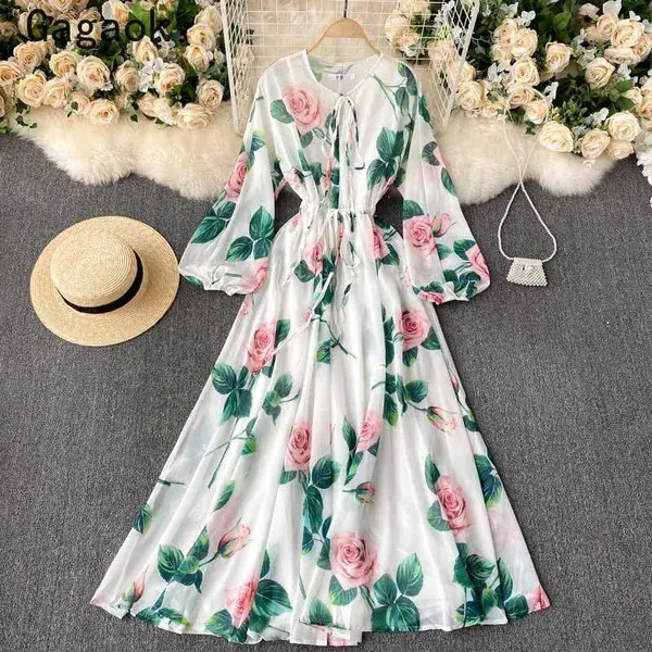 Maxi Dresses for Women Spring Autumn O-Neck Puff Sleeve Belt Print Party Dress Elegant Fashion Chic Vestidos 210531