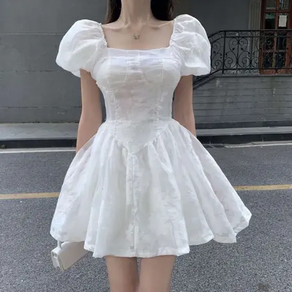 Elegant Sweet White Summer Woman Retro Square Collar Puff Sleeve Fluffy Femem Korean Organza Mini Princess Dress