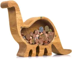 Dinosaur Piggy Bank for Boys Girls – Durable and Practical Money Saving Box – Natural Oak Wood w Transparent Plexiglass Idea for Developing Money Saving Habit (Standard)