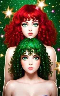 Us, Girl-beautiful, big green eyes, red curly hair, emerald glitter, glitter, background festive