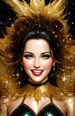 Burlesque girl, gold palettes, gold water splashes, glitter, silver background, joy, laughter,