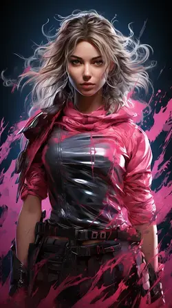 a woman in a pink leather jacket and black pants