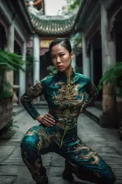 a woman in a green and gold outfit squatting down