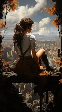 a woman sitting on a ledge overlooking a city