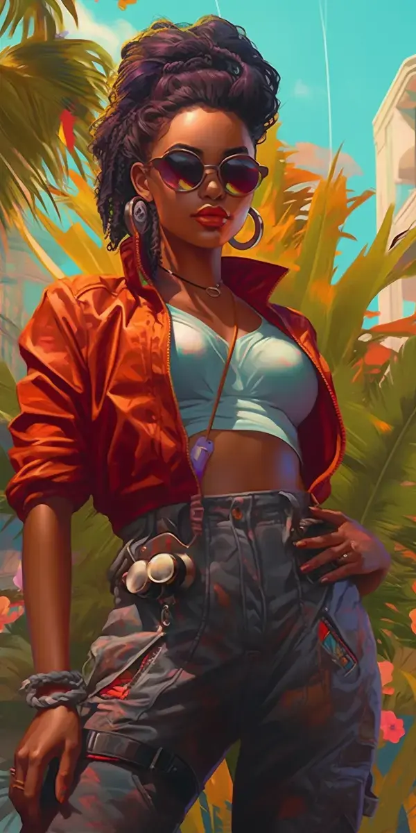 a painting of a woman in a red jacket and jeans