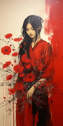 a painting of a woman with red flowers
