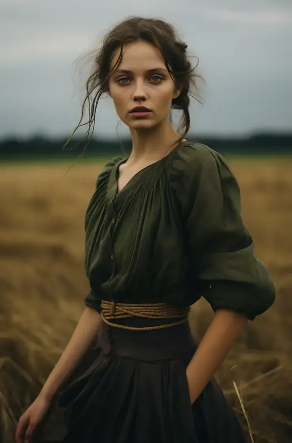 a girl in medieval dress stands