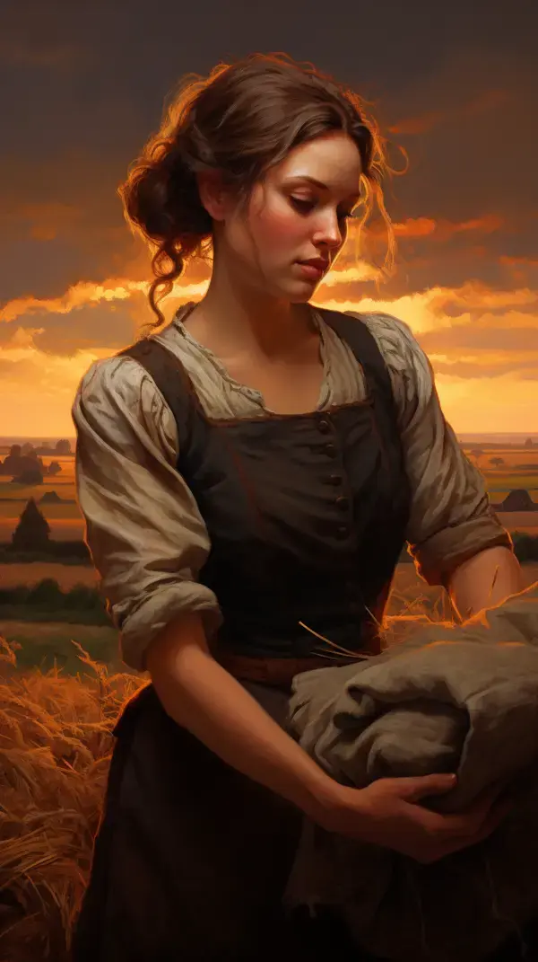 a painting of a woman sitting in a field