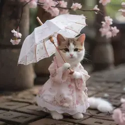 a cat in a pink dress holding an umbrella