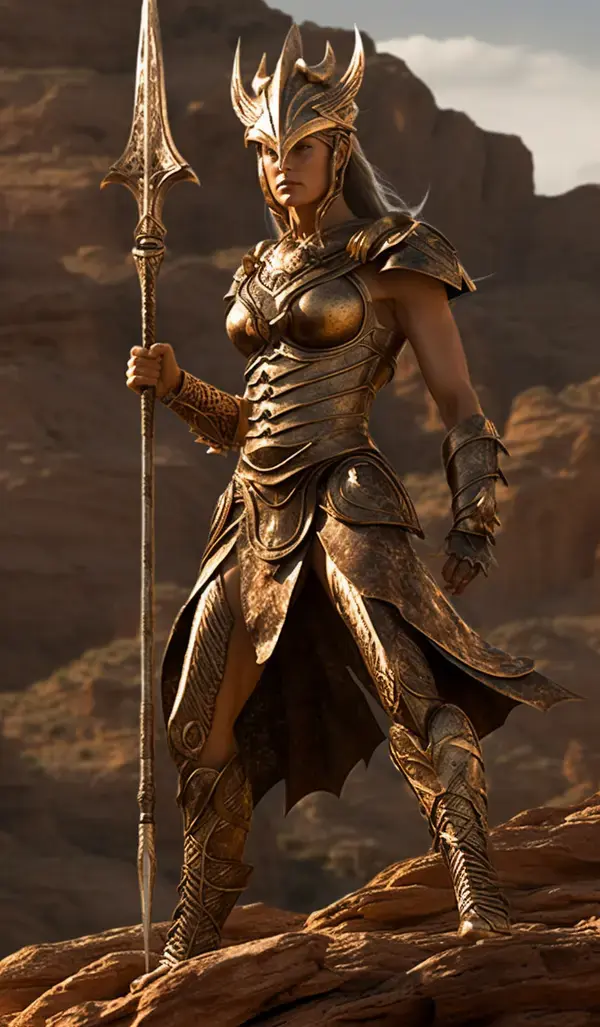 a woman dressed in armor holding a spear