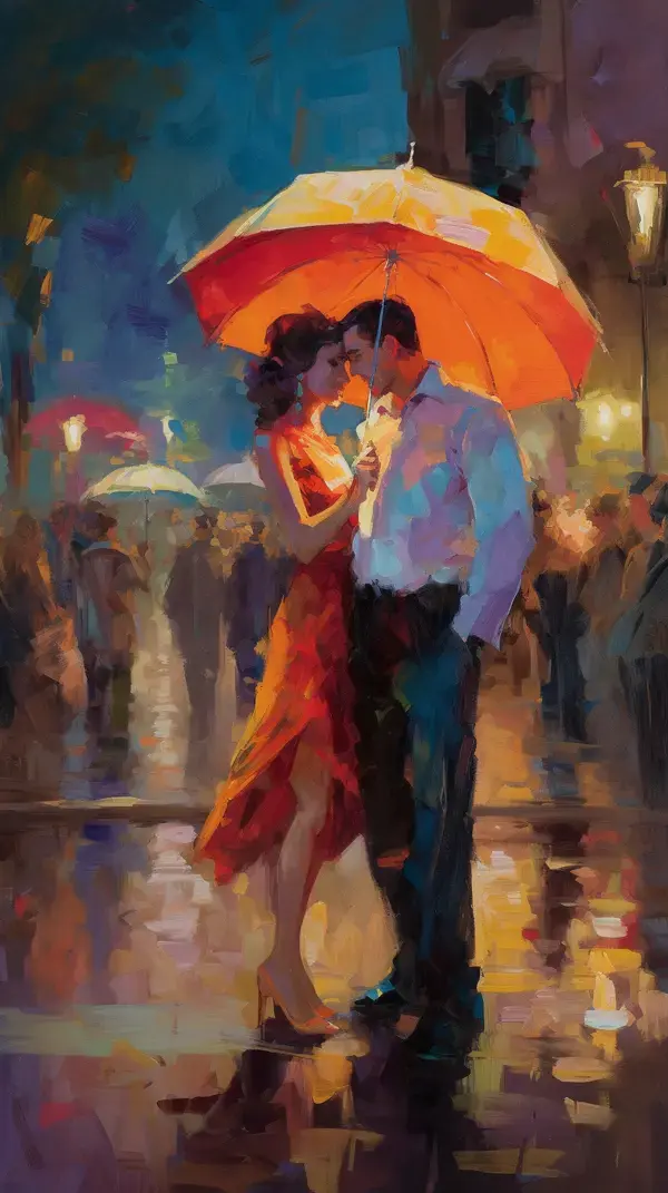 a painting of a couple dancing in the rain