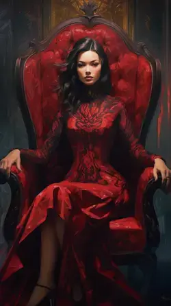a woman in a red dress sitting in a red chair
