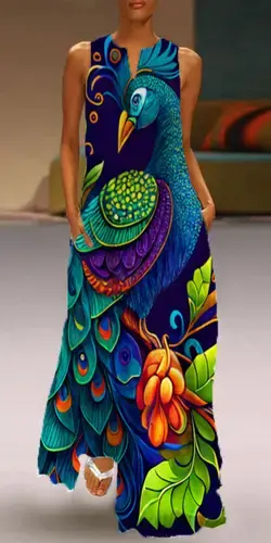 Vintage Oil Painting Peacock Sleeveless Floor Length Dress