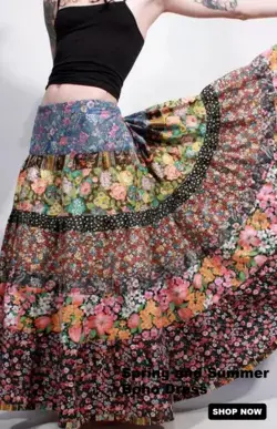 NEW TRENDING 🌟 Bohemian Floral Patchwork Big Swing Maxi Tiered Skirt👗 Multi Choice For You😍