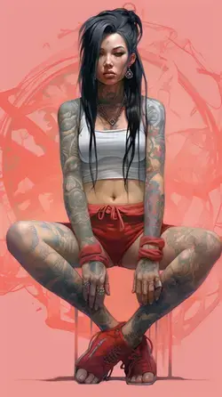 a woman with tattoos sitting on a chair