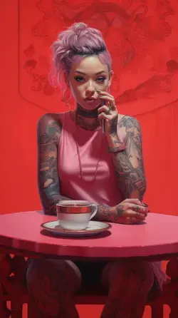 a woman sitting at a table with a cup of coffee