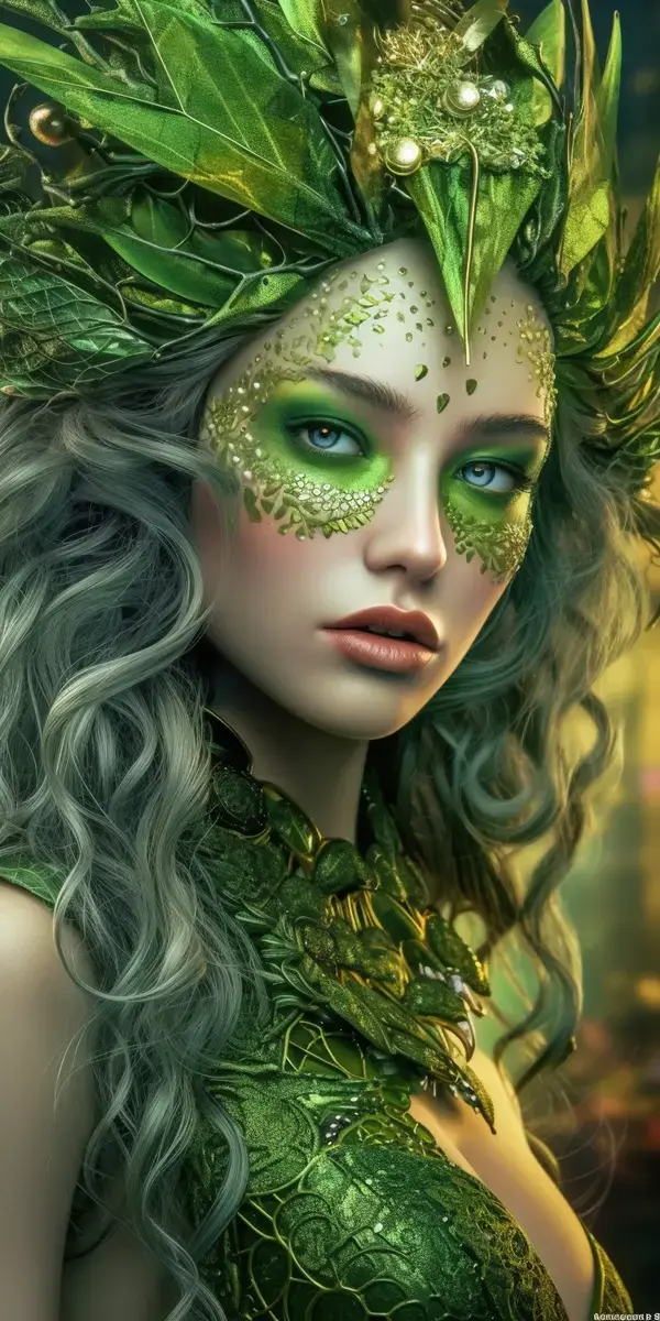 a woman with green makeup and a leaf headdress