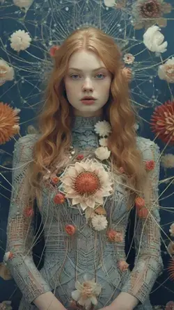 a woman with long red hair standing in front of flowers