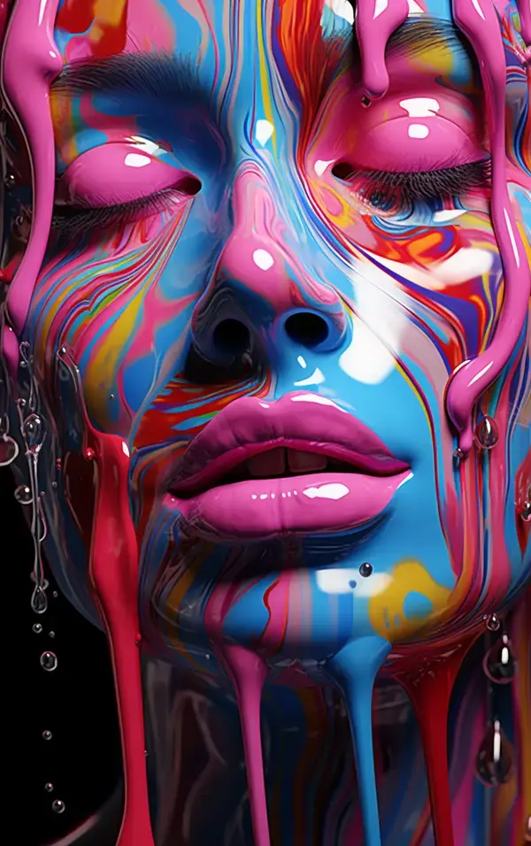 a close up of a woman's face with colorful paint on it