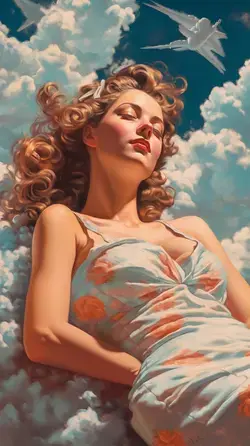 a painting of a woman laying in the clouds
