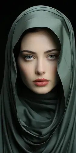 a woman with a green scarf covering her head