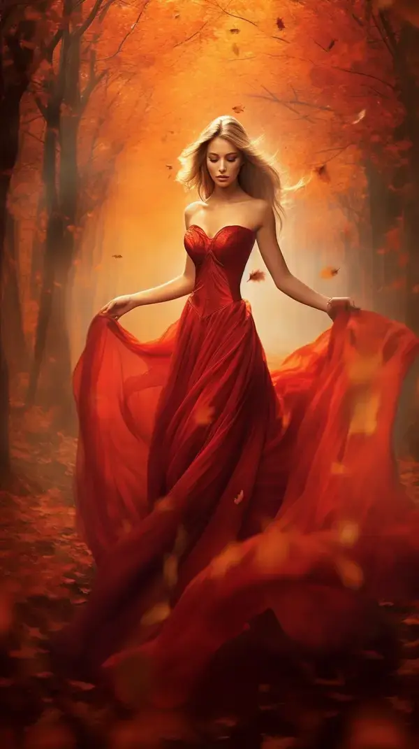 a woman in a red dress in a forest