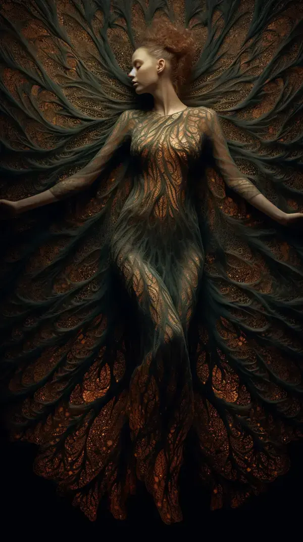 a woman with wings on her body in a dark room