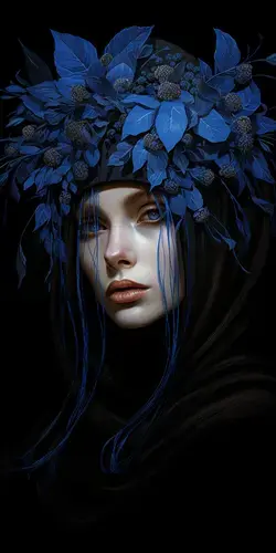 a woman with a blue flower crown on her head