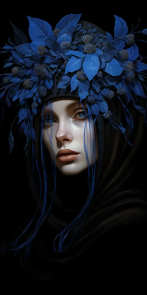 a woman with a blue flower crown on her head