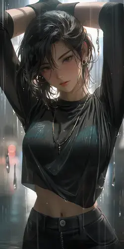 a woman standing in the rain with her hands on her head