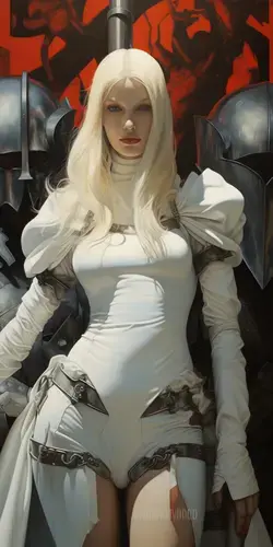 a woman in a white dress and armor poses for a picture