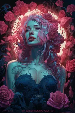 a woman with pink hair is surrounded by roses