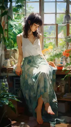 a painting of a woman sitting on a window sill