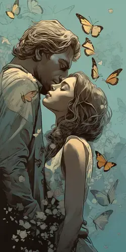 a man and a woman kissing in front of butterflies