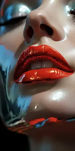 a close up of a mannequin's face with red lipstick