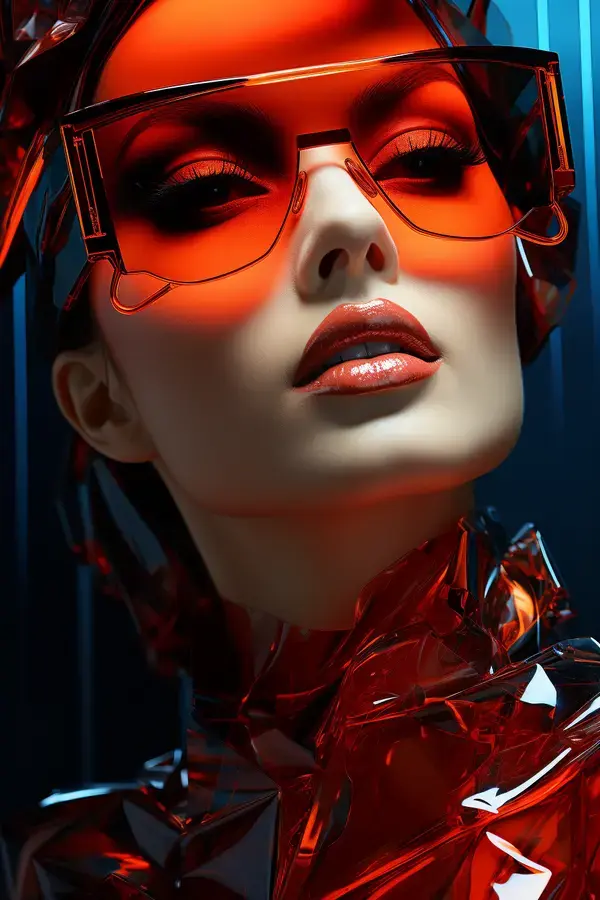 a woman in a shiny red outfit and glasses