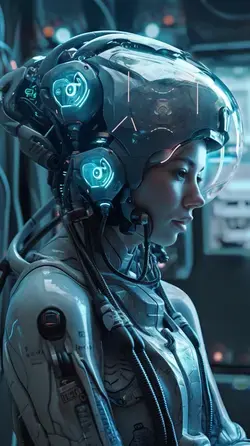 Cybernetic female space squid humanoid cyborg in an abandoned orbital defence station