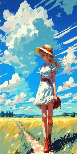 Stunning Anime Impressionist Scenery, Grassy Field, Anime Girl with a straw-hat, Summer, Clouds, blu