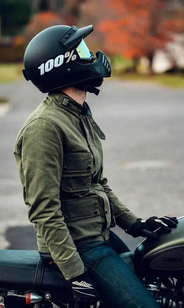 Bell Moto 3 Helmet, Vanson Wax Canvas Jacket, Nudie Jeans Denim, Thor Gloves, Ride 100 Goggles