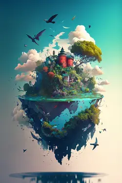 A floating island in the sky, surrounded by wispy clouds and colorful birds...