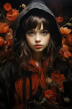 a young girl with a hood over her head surrounded by flowers