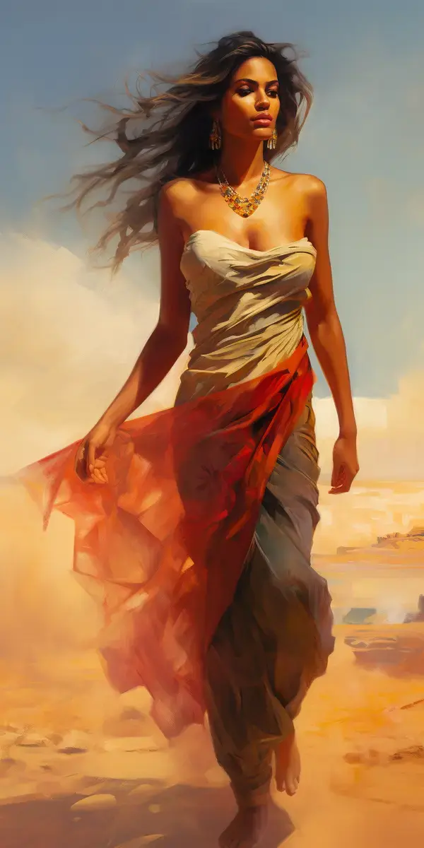 a painting of a woman walking in the desert