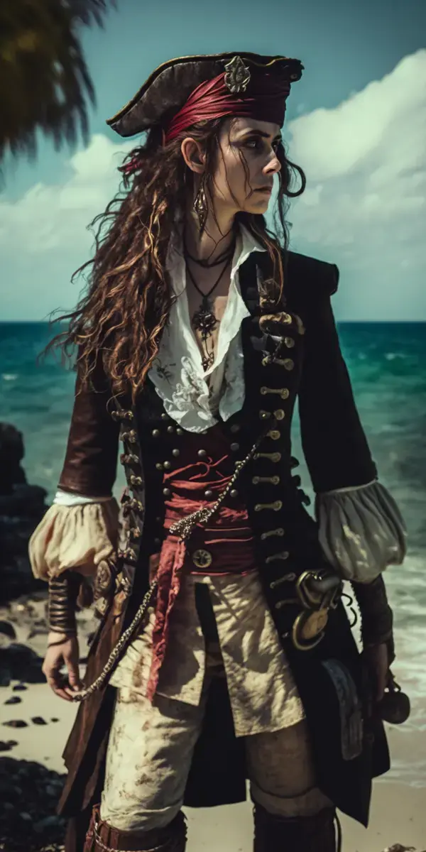 gorgeous and beauty woman jack sparrow outfit in mode π/on, Fujifilm Superia, ocean background, arro