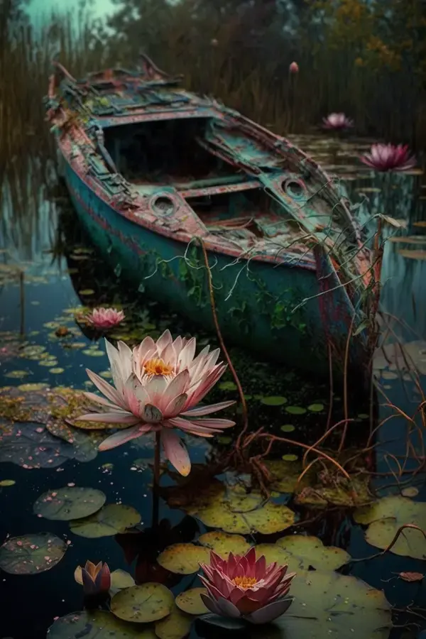 abandoned tingirl the boat in the swamp, shiny ,messy , spots of colours between the leaves surround