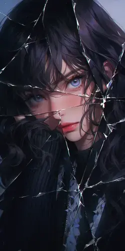 a woman with blue eyes behind a broken glass