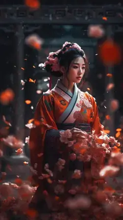 a woman in a kimono dress surrounded by flowers