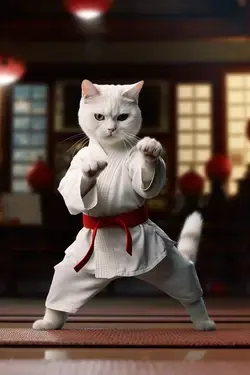 White cat practicing karate