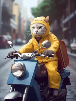 a cat in a yellow raincoat riding a motorcycle