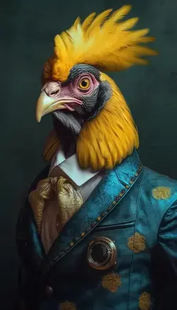 a close up of a bird wearing a suit and tie