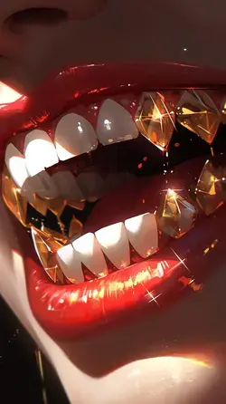 a close up of a person's mouth with gold teeth
